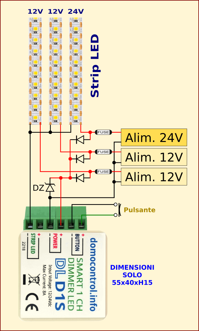 DLD1S - Schema di collegamento di 3 strip LED a 12V e 24V DLD1S - Schema collegamento di 3 strip LED a 12V e 24V