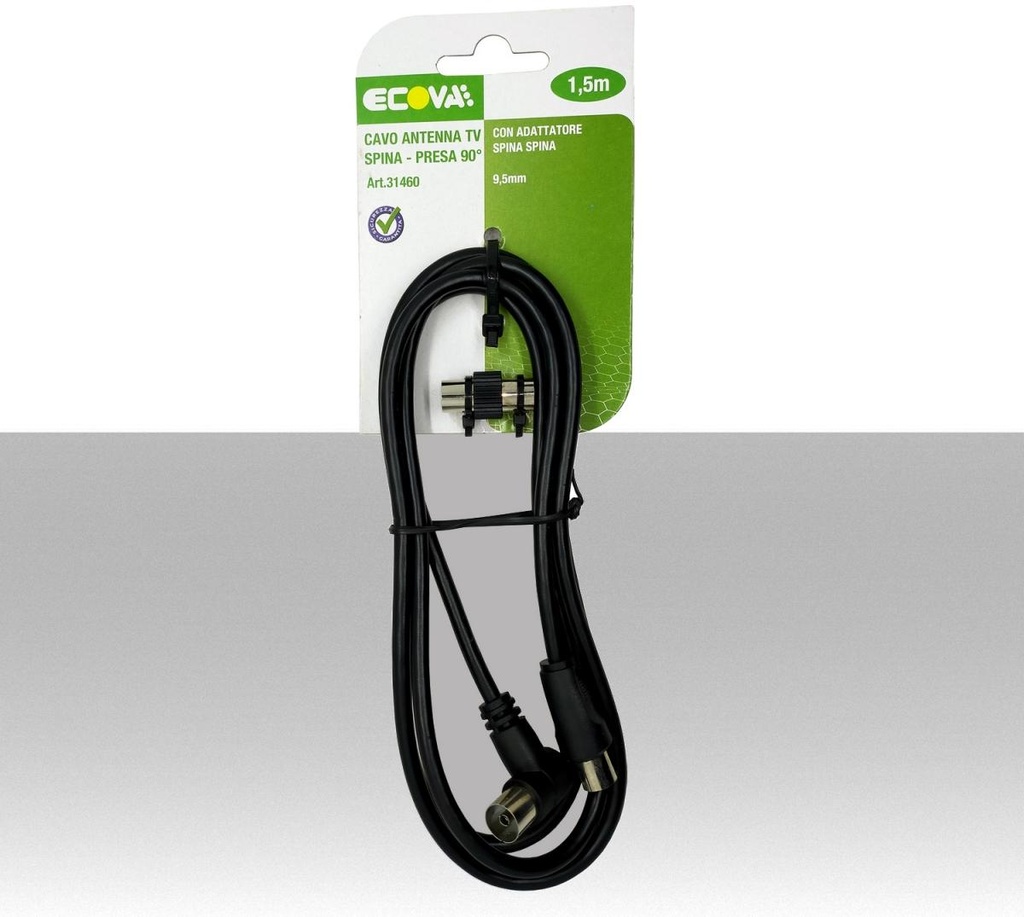 Cavo Antenna Tv prolunga da 1,5 metri spina maschio e femmina 90° nero