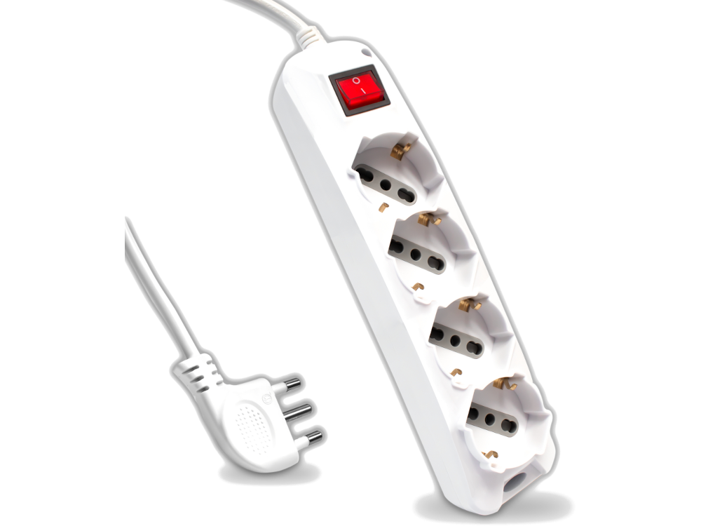Multipresa con 4 Prese 10/16A 2P+T Bipasso/Schuko 45° e Interruttore Generale Luminoso e Cavo 1,5m Spina 16A 2P+T Colore Bianco