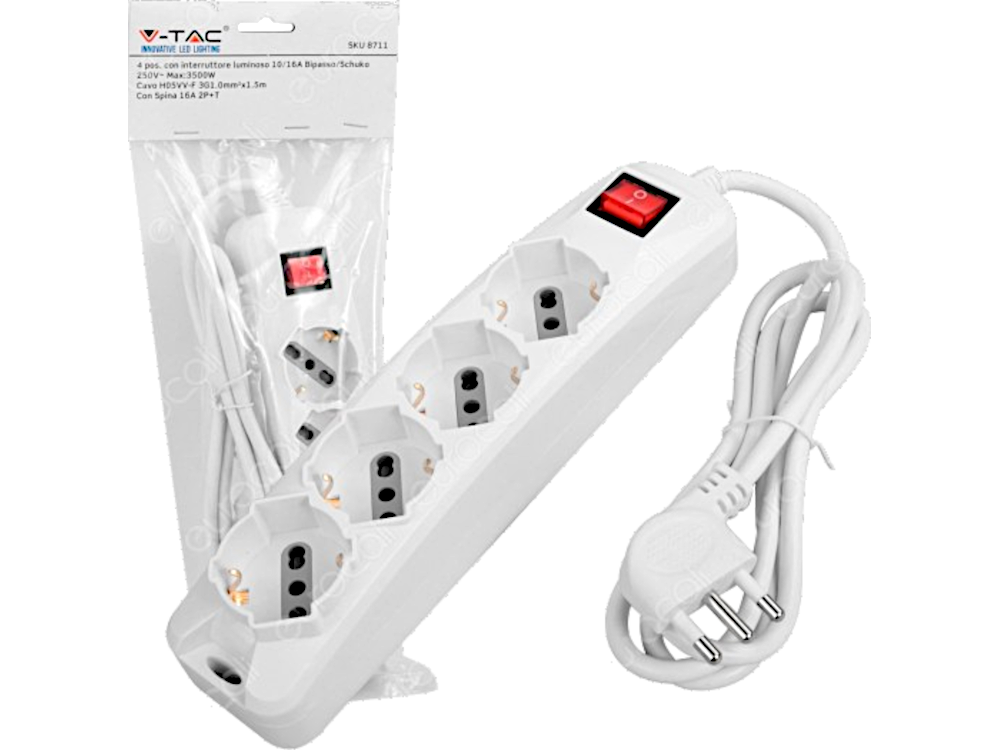 Multipresa con 4 Prese 10/16A 2P+T Bipasso / Schuko e Interruttore Generale Luminoso con Cavo 1.5m + Spina 16A 2P+T - Colore Bianco