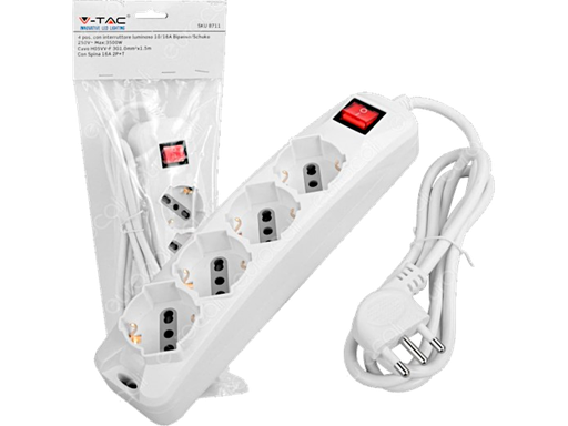 Multipresa con 4 Prese 10/16A 2P+T Bipasso / Schuko e Interruttore Generale Luminoso con Cavo 1.5m + Spina 16A 2P+T - Colore Bianco