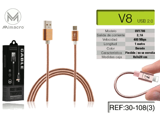 Cavo per Smartphone Android USB - MICRO USB colore ORO in metallo che non si attorcilia - Lunghezza 1 metro - Alta corrente e ricarica rapida