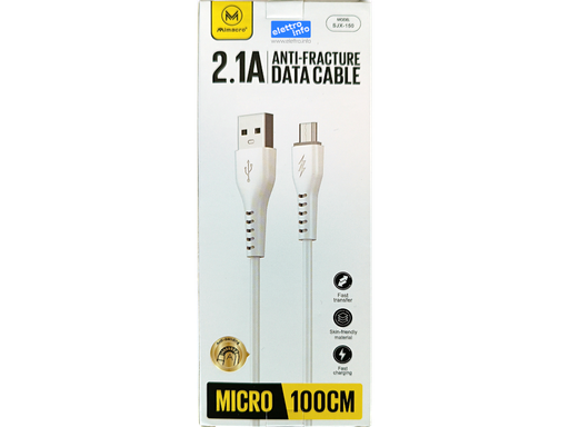 Cavetto dati USB - Micro USB - Lunghezza 1 metro - Colore Bianco - Alta corrente 2.1A - Confezione