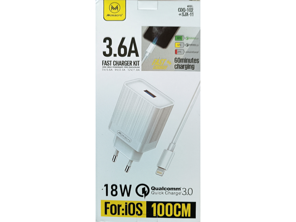 Alimentatore Super Flash Charger 3.6A USB + Cavetto per IOS confezione