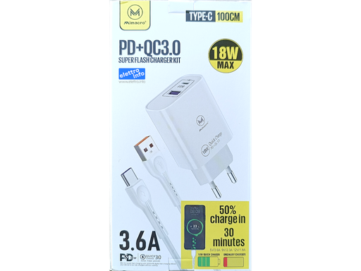 Alimentatore Super Flash Charger KIT 3.6A Type-C + USB + cavetto TYPE-C - Confezione