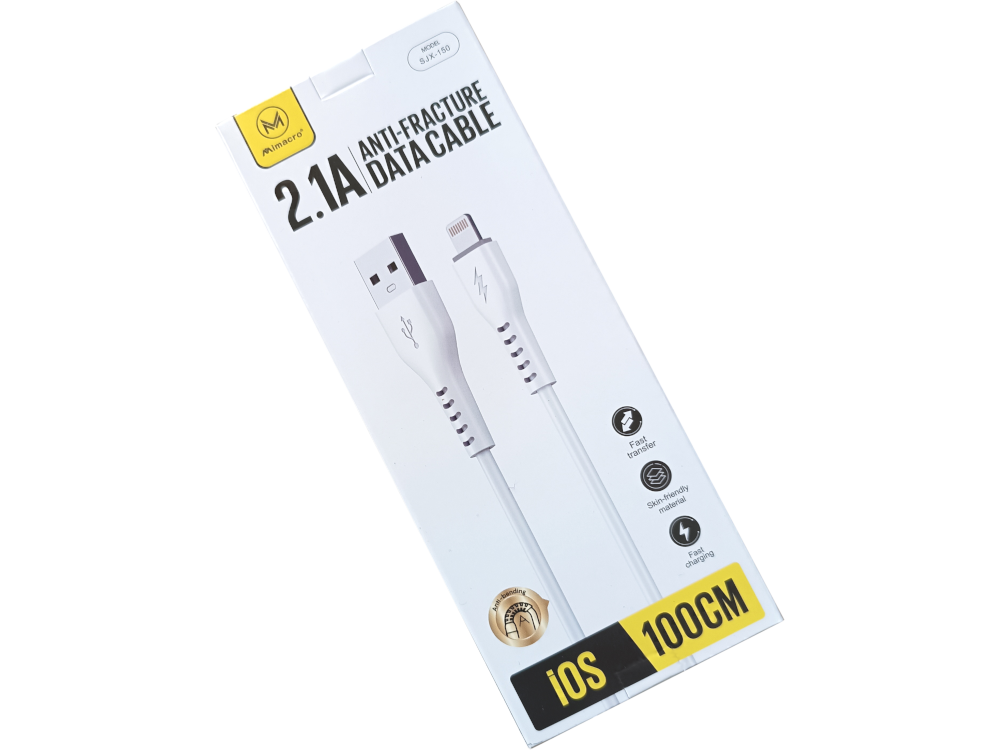 Cavetto dati USB - IOS - Lunghezza 1 metro - Colore Bianco - Alta corrente 2.1A - Confezione