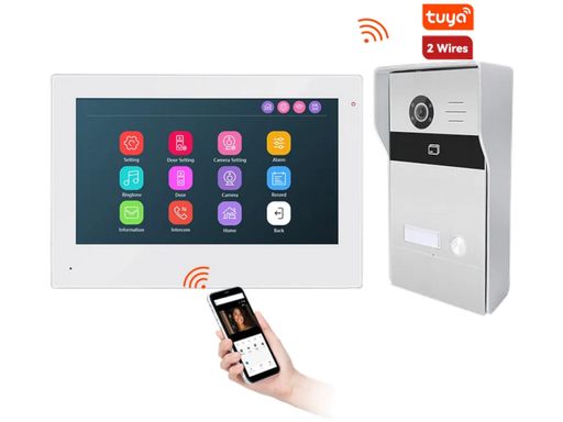 Kit Videocitofono TCP/IP completo di Monitor 7" IPS Touch Bianco + Unità esterna con 1 tasto con lettore RFID TUYA