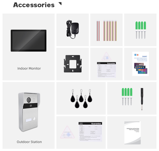 Contenutor Kit Videocitofono 2 FILI completo di Monitor 10" IPS Touch bianco + Unità esterna con 1 tasto con lettore RFID compatibile TUYA