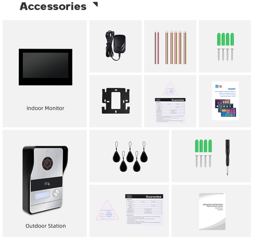 Contenuto Kit Videocitofono 2 FILI completo di Monitor 7" IPS Touch bianco + Unità esterna con 1 tasto compatibile TUYA