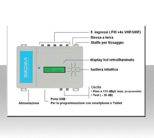 Centralina tv a filtri 5 ingressi programmabili con filtro LTE 700 5G SEDEA DCF