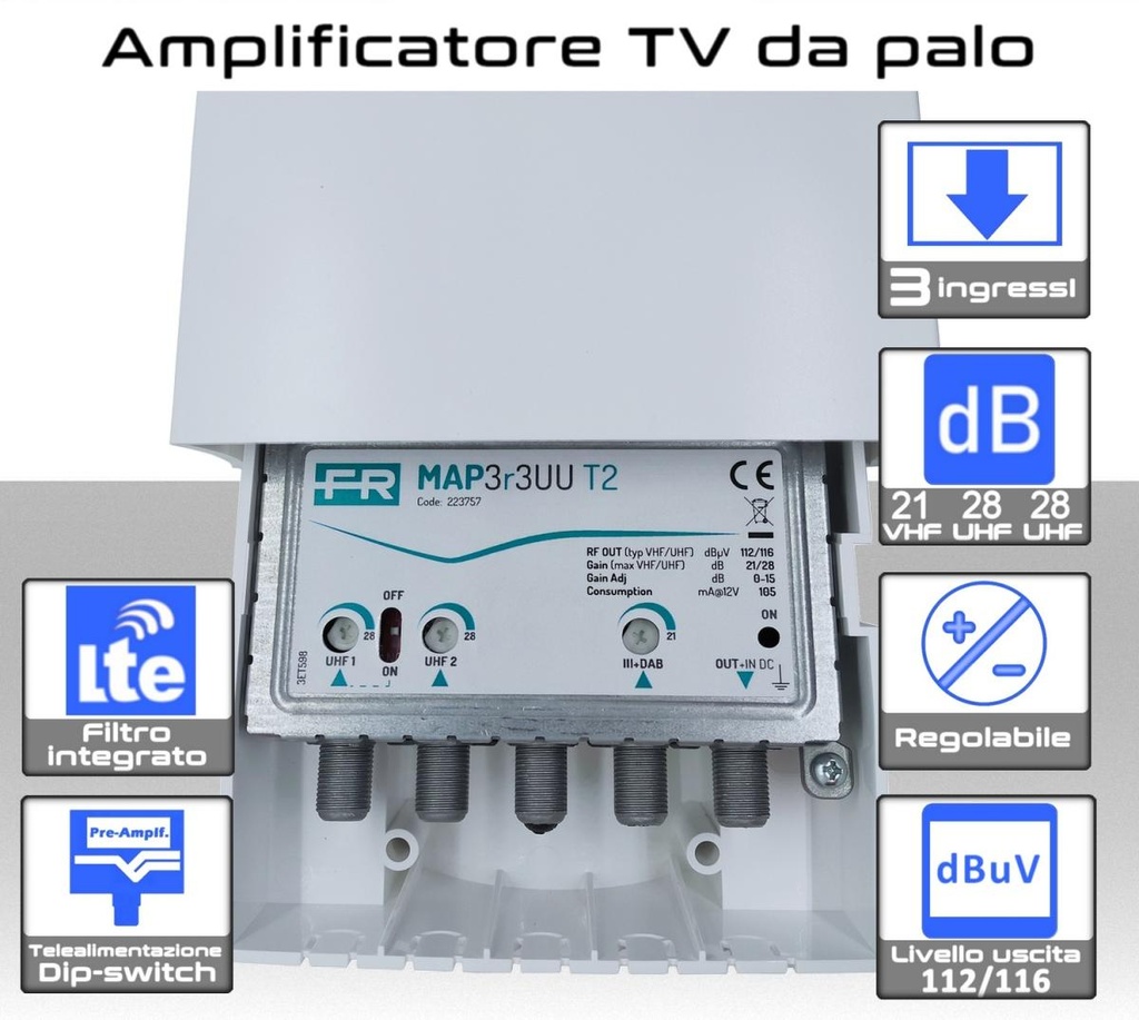 Amplificatore antenna TV 3 ingressi VHF-UHF-UHF 28dB regolabile Filtro 5G