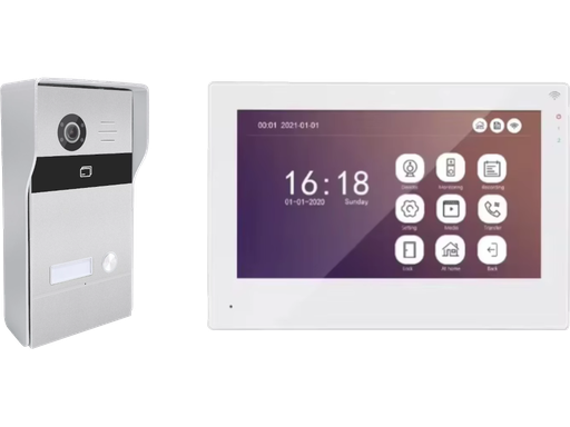Kit Videocitofono TCP/IP completo di Monitor 7" IPS Touch Bianco + Unità esterna con 1 tasto con lettore RFID compatibile TUYA