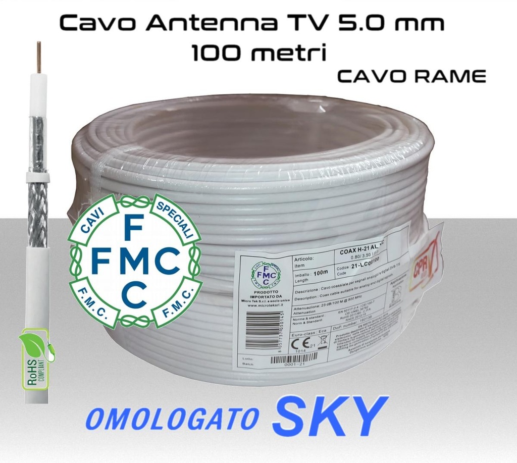 Cavo antenna TV 5 mm in bobina 100 metri Rame e PVC bianco Micro TEK 