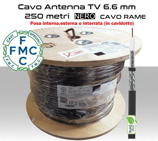 Cavo Coassiale TV 6.6mm 250m: Bobina Legno, Rame Rosso, PVC Nero