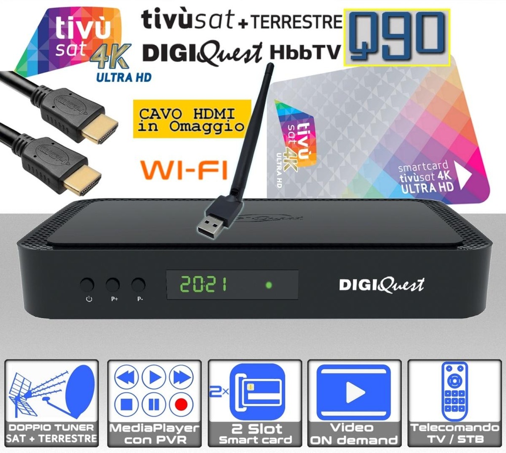 Decoder Tivùsat 4K combo Digiquest Q90 WI-FI DVB-S2 DVB-T2 HEVC completo di tessera tivùsat e cavo HDMI 4k in omaggio