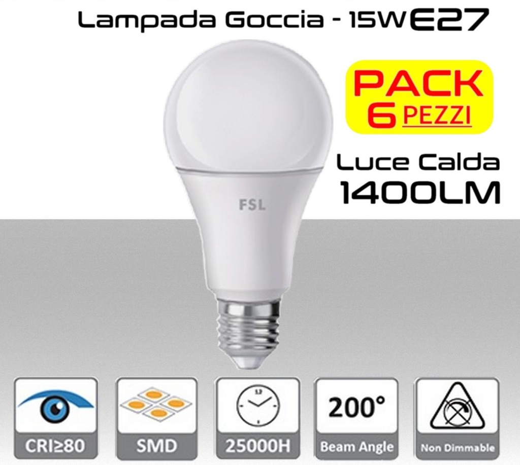 Lampadina LED a goccia 15W luce calda 3000K E27 1400 lumen PACK 6 PZ.