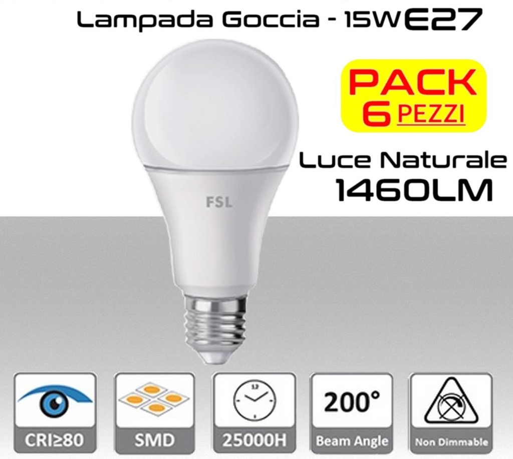 Lampadina LED a goccia 15W luce naturale 4000k E27 1460 lumen PACK 6 PZ.