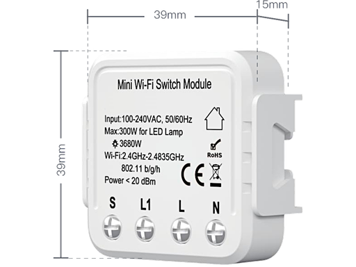 TUYA - Smart Relè WiFi 1 uscita - Profilo ribassato - Max 3600Wac/300Wdc led - 39x39x15mm