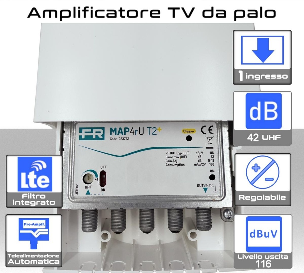 Amplificatore antenna TV 1 ingresso UHF 42dB regolabile Filtro 5G 