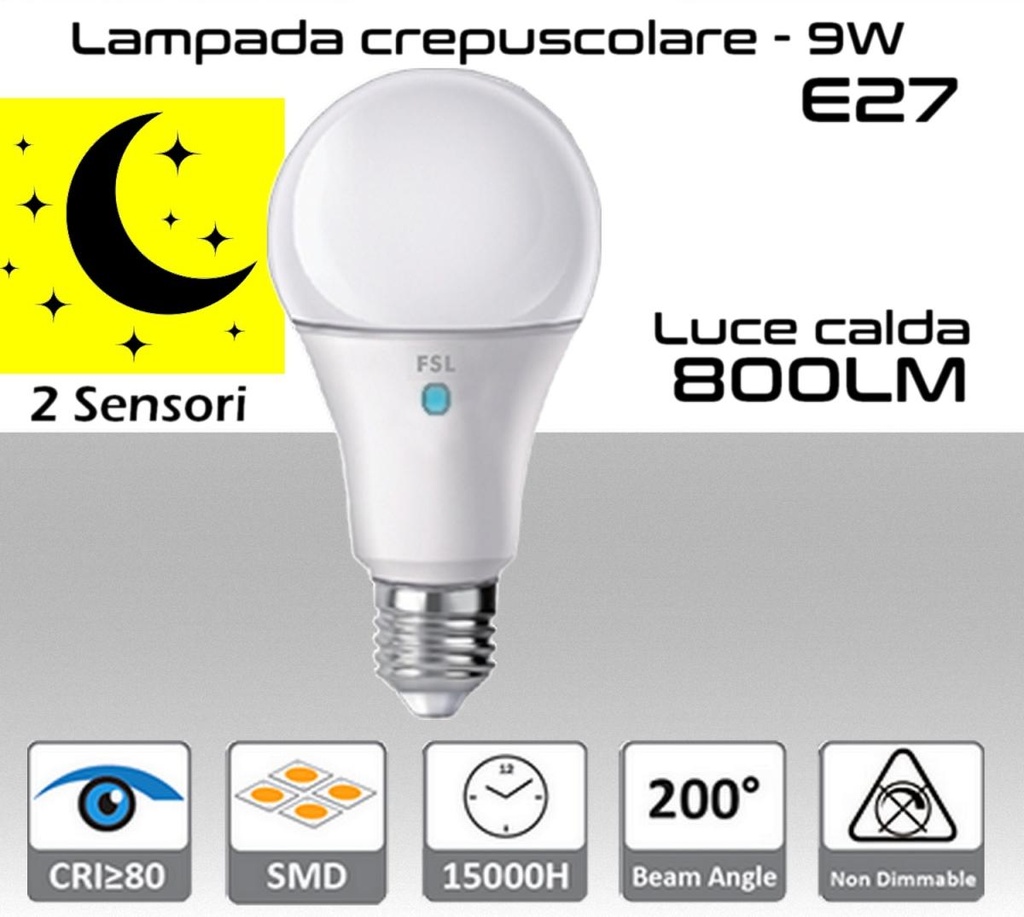 Lampadina crepuscolare E27 LED 9W Luce calda 3000K 800 lumen con doppio sensore Crepuscolare