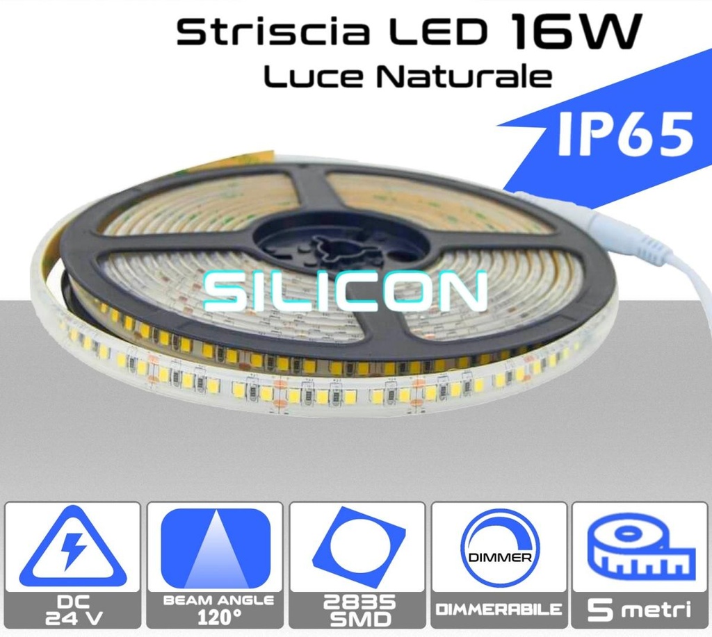 Striscia LED 16W silicon Luce naturale 4000K da 5 metri 24V dimmerabile IP65