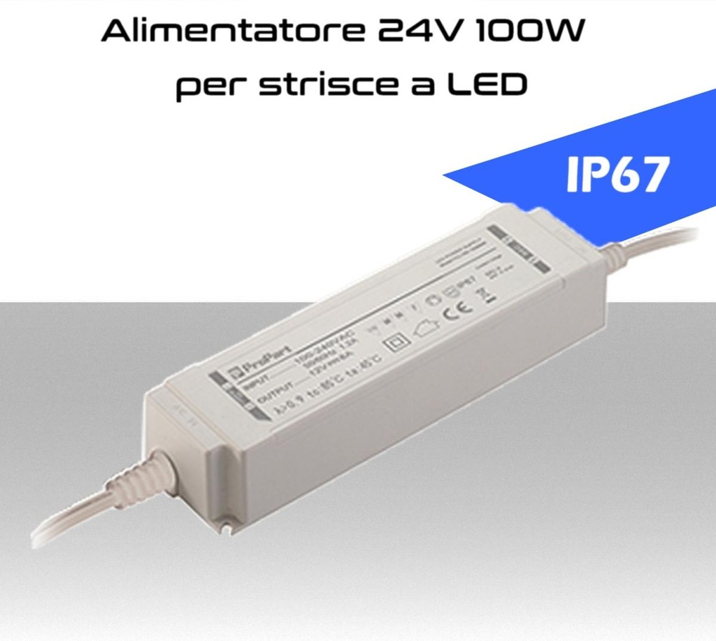 Alimentatore per LED 24V da 100W IP67 per esterno trasformatore universale