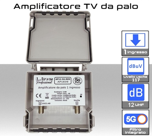 Amplificatore TV da Palo AP12 | 12dB UHF + Filtro 5G Integrato (-60dB)
