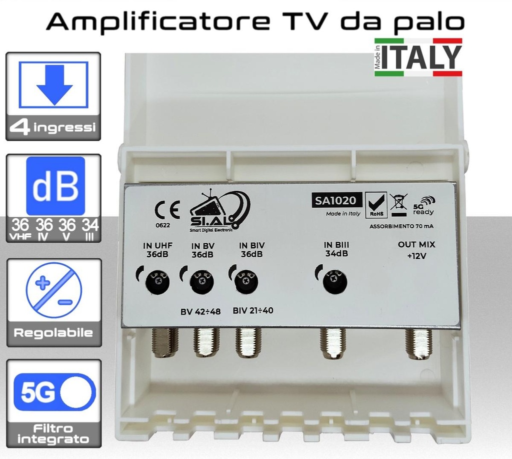 Amplificatore antenna TV 4 ingressi VHF-IV-V-UHF 36dB regolabile Filtro 5G