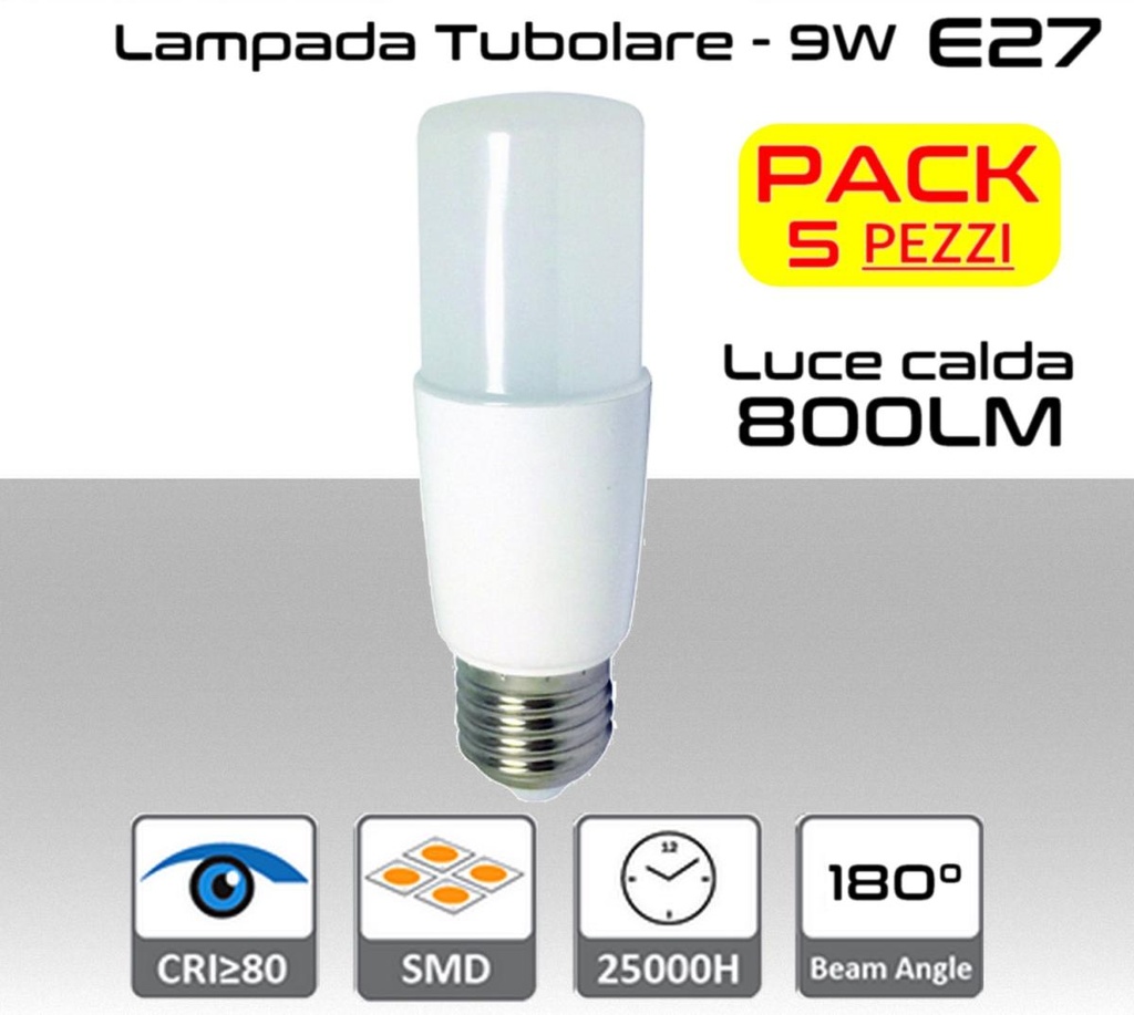 Lampadina LED tubolare E27 luce calda 3000K da 800 lumen 9W  PACK 5 PZ