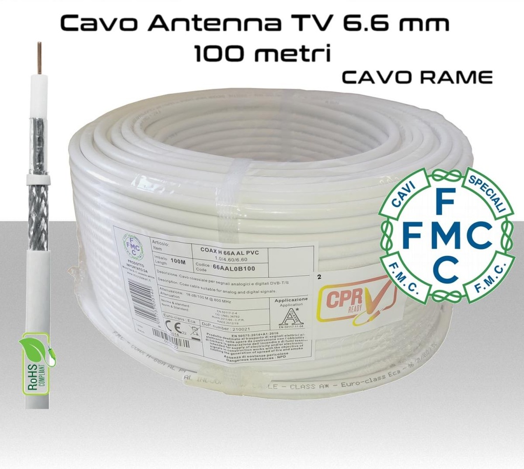 Cavo antenna TV 6,6 mm in bobina 100 metri Rame e PVC bianco Micro TEK 