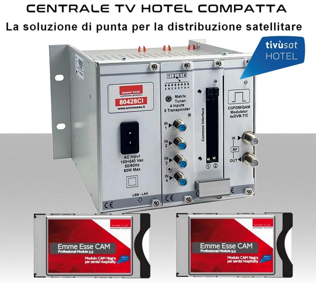 Centrale TV Hotel compatta certificata tivùsat 4 ingressi a 8 transponder e 4 Mux di uscita con 2 slot FlexCAM complete di moduli cam professionali e card Tivusat.Emme Esse 80428CI