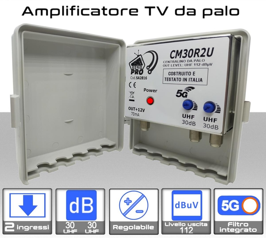Amplificatore antenna TV 2 ingressi UHF 30dB regolabile Serie PRO