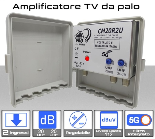 Amplificatore antenna TV 2 ingressi 21:48 / 21:48 20dB regolabile Serie PRO