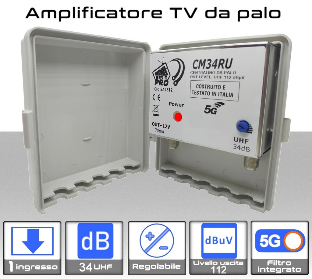 Amplificatore antenna TV 1 ingresso UHF 34dB regolabile Serie PRO