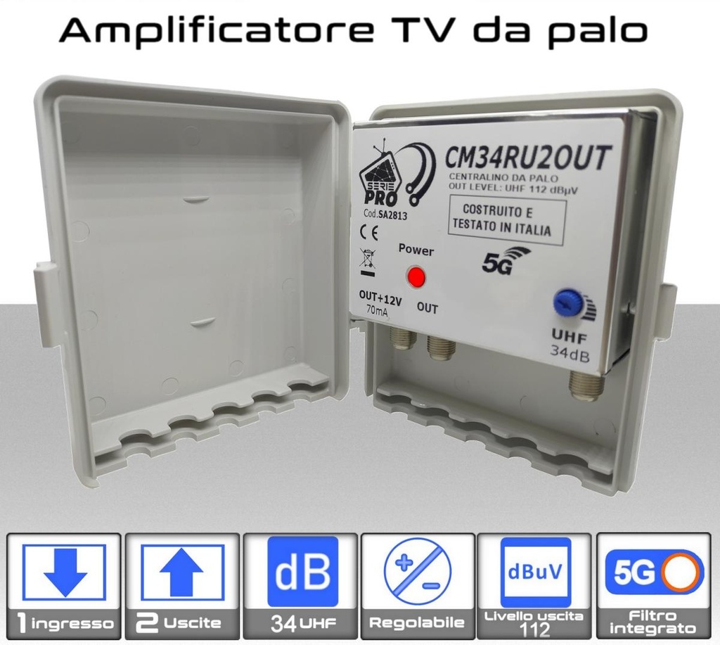 Amplificatore antenna TV 1 ingresso / 2 uscite UHF 34dB regolabile Serie PRO