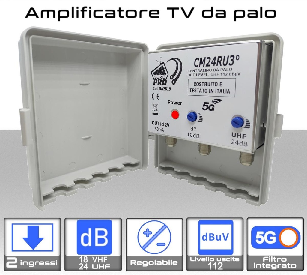 Amplificatore antenna TV 2 ingressi VHF-UHF 24dB regolabile Serie PRO