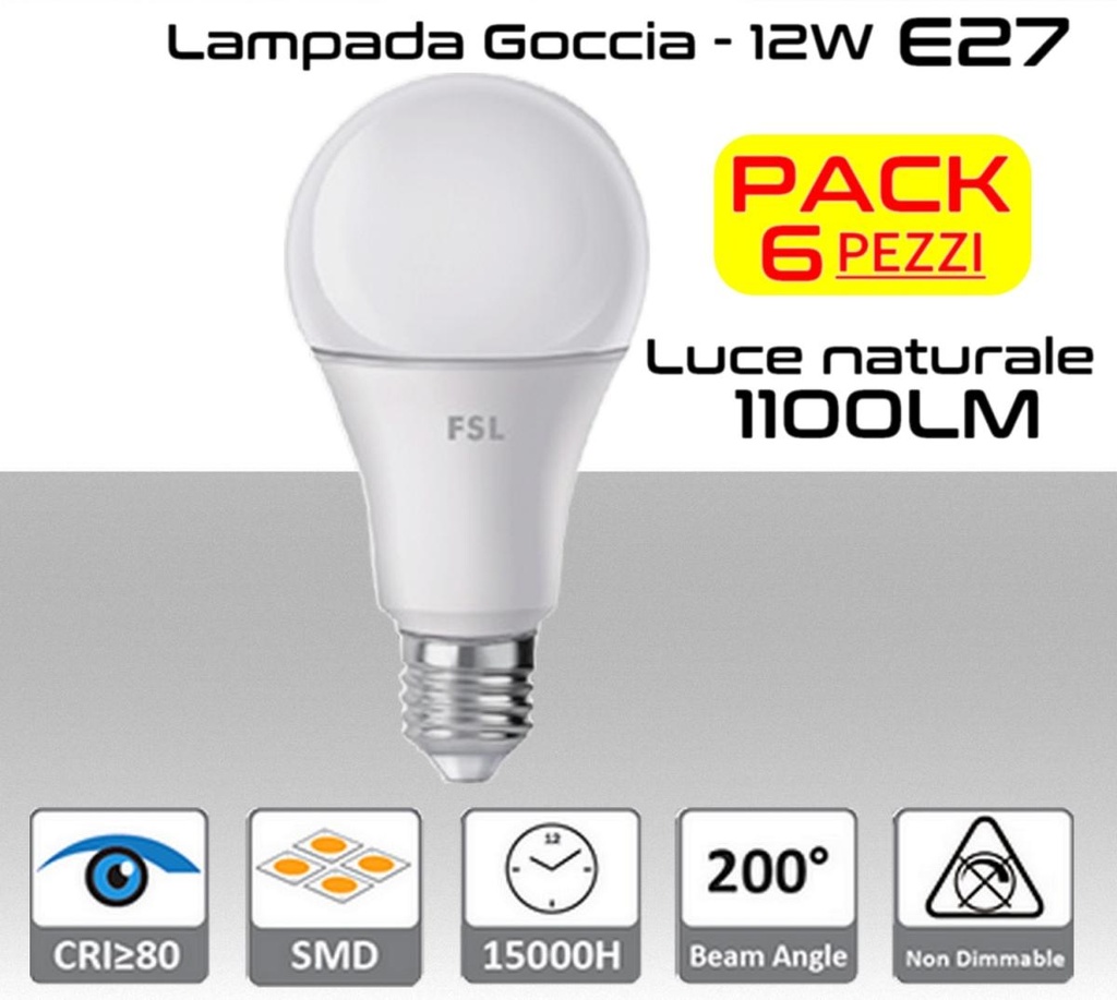 Lampadina LED a goccia 12W luce naturale E27 1100 lumen PACK 6 PZ.