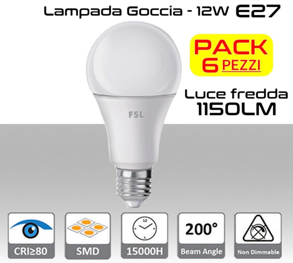 Lampadina LED a goccia 12W luce fredda E27 1150 lumen PACK 6 PZ.