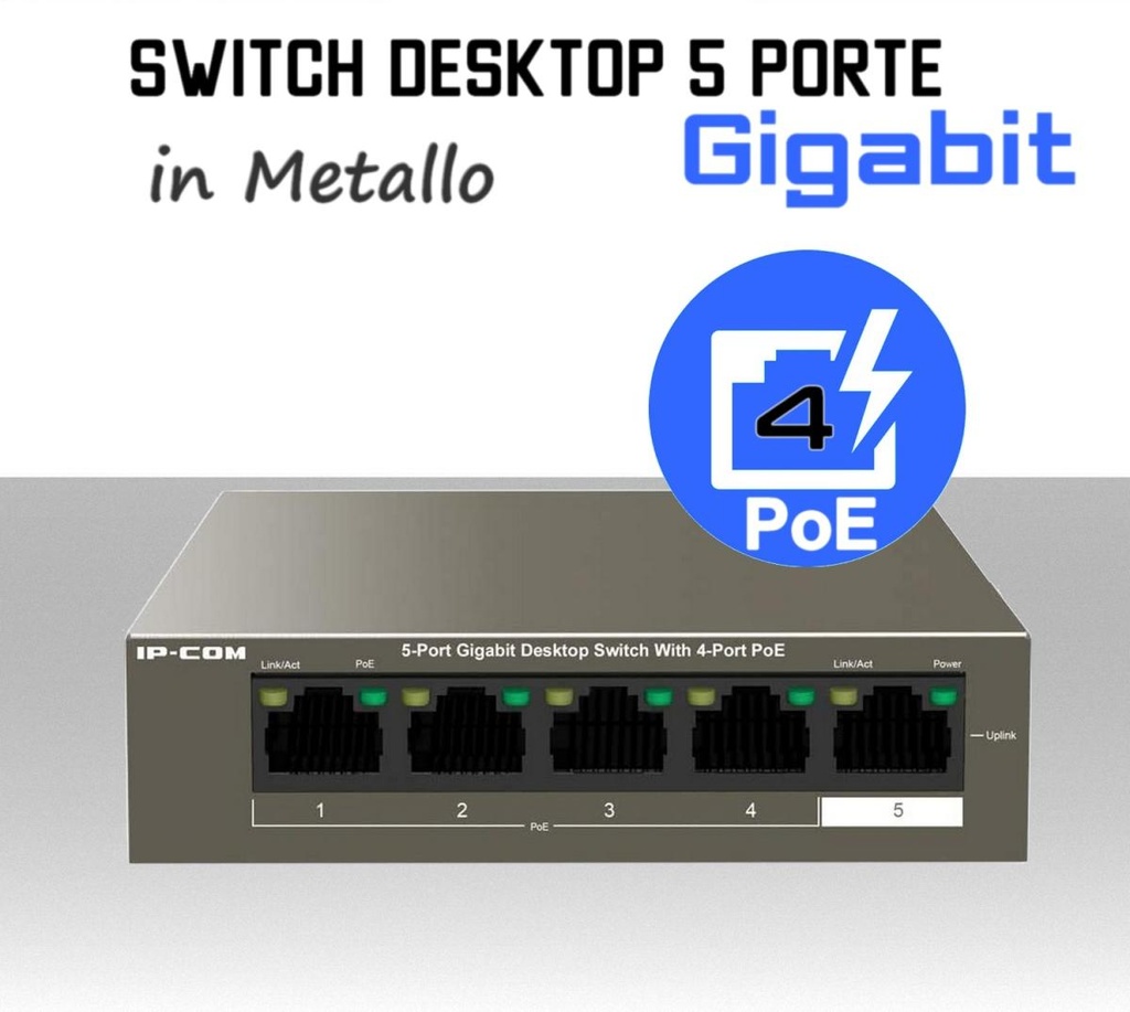 Switch Ethernet PoE Gigabit Lan 4 porte PoE modello IP-COM 