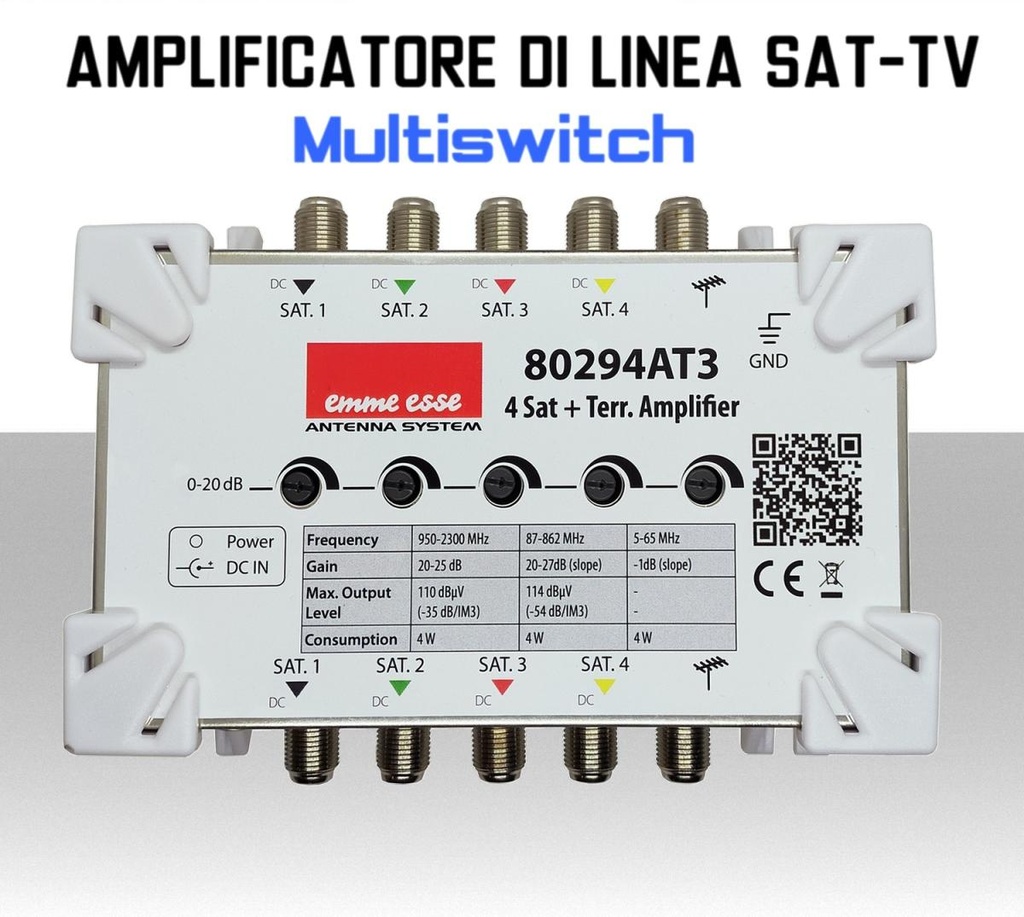 Amplificatore di linea multiswitch in cascata SAT e DTT regolabile
