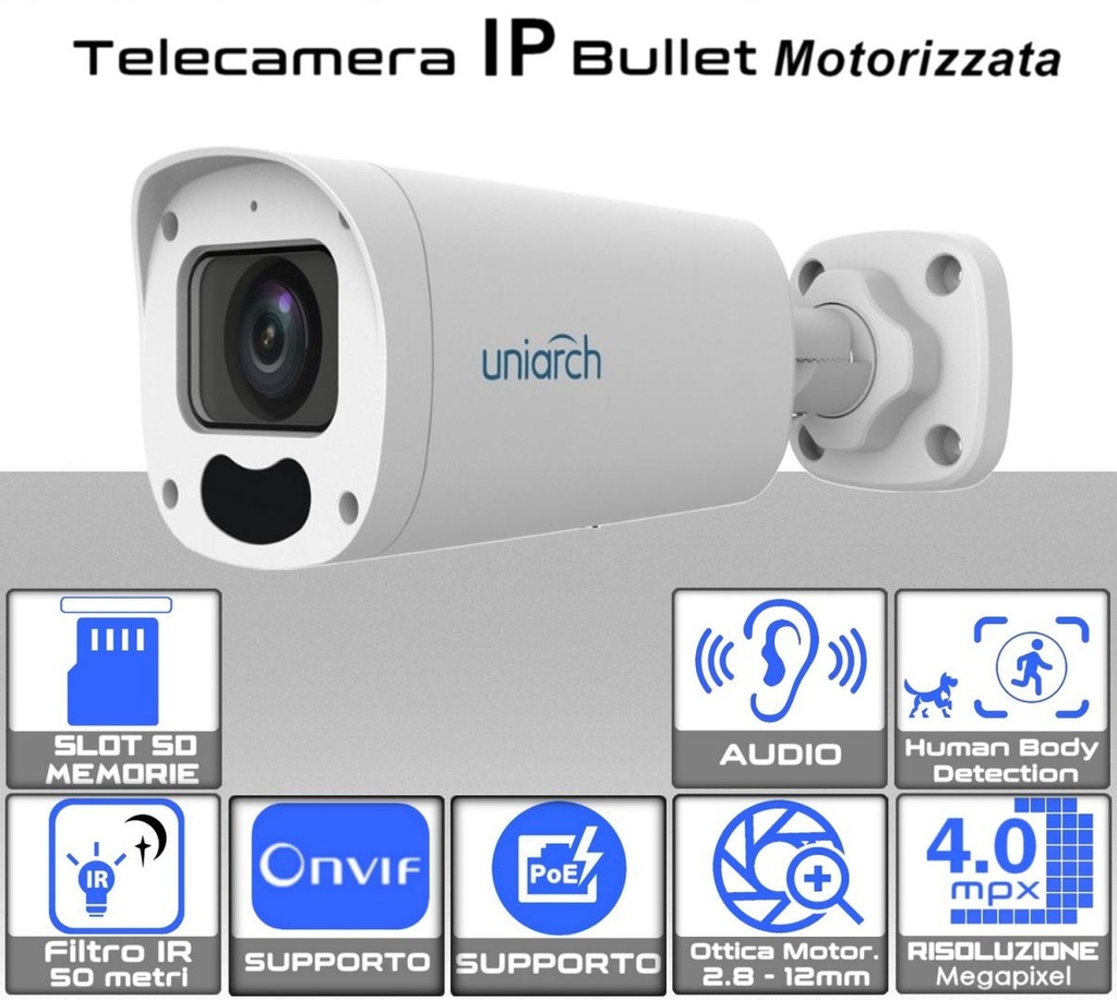 Telecamera IP Bullet PoE Onvif 4MP Ottica variabile 2.8 - 12mm con Human Body  Uniarch
