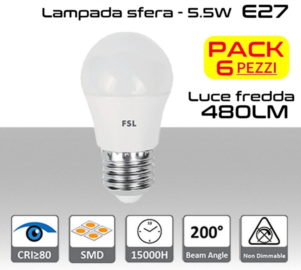 Lampadina LED a sfera 5,5W luce fredda E27  480 lumen PACK 6 PZ