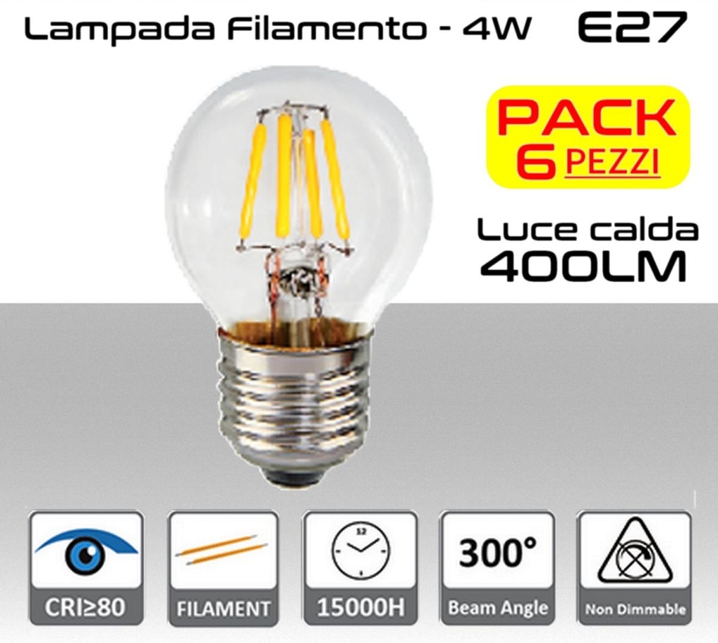 Lampadina LED a filamento 4W luce calda E27  470 lumen PACK 6 PZ