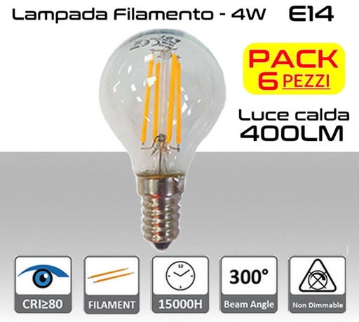 Lampadina LED a filamento 4W luce calda E14  470 lumen PACK 6 PZ