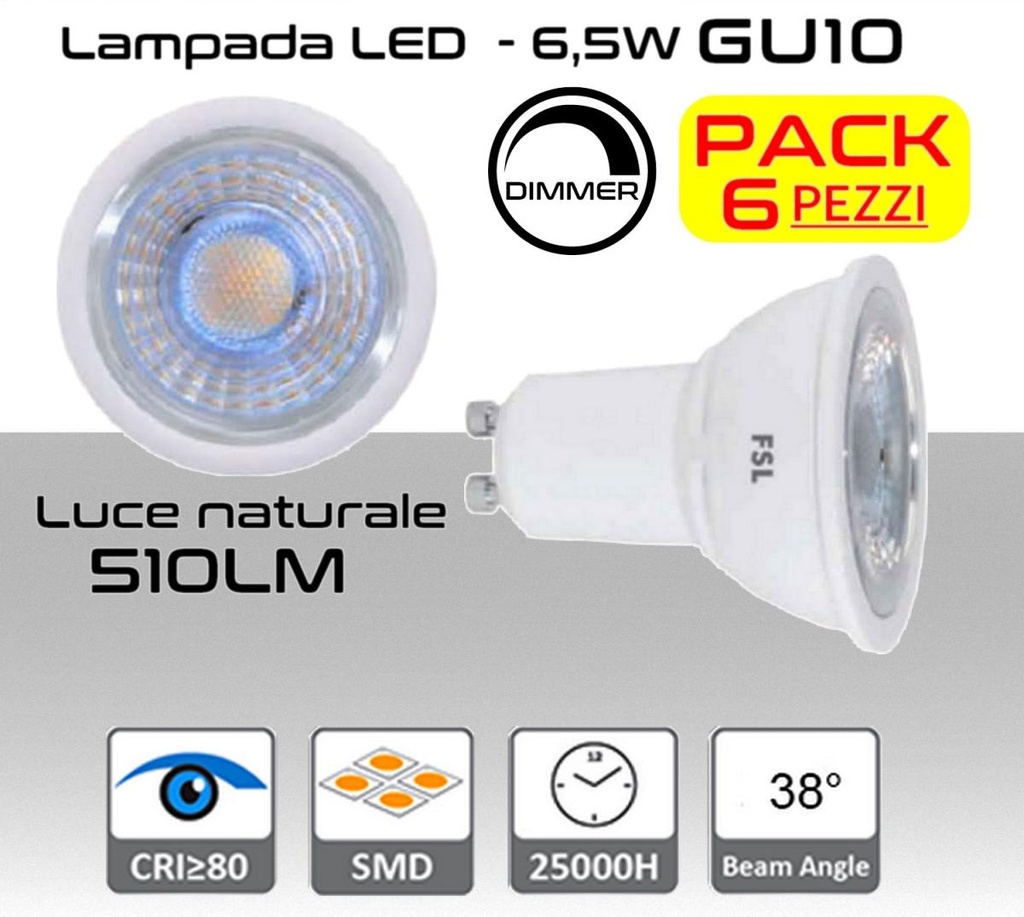 Lampadina LED GU10 6,5W luce naturale 510 lumen dimmerabile PACK 6 PZ