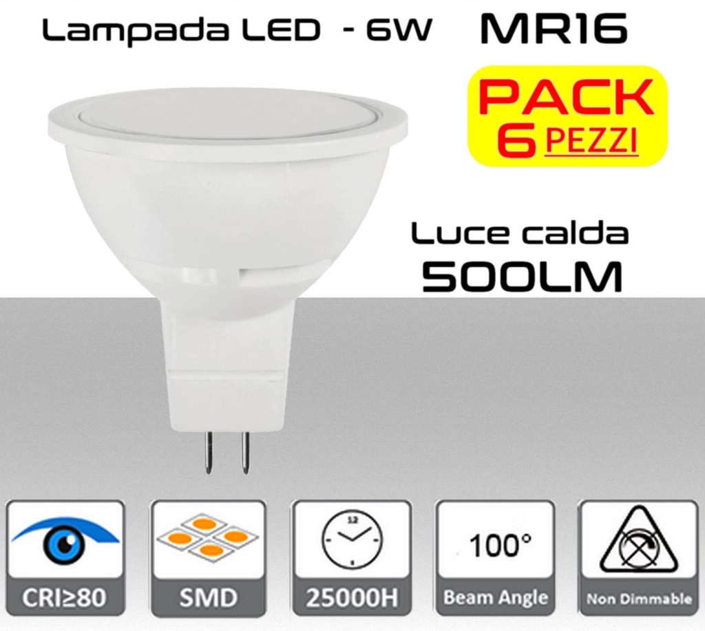 Lampadina LED MR16 GU5.3 luce bianca calda 500 lumen 6W Cover opaca PACK 6pz.