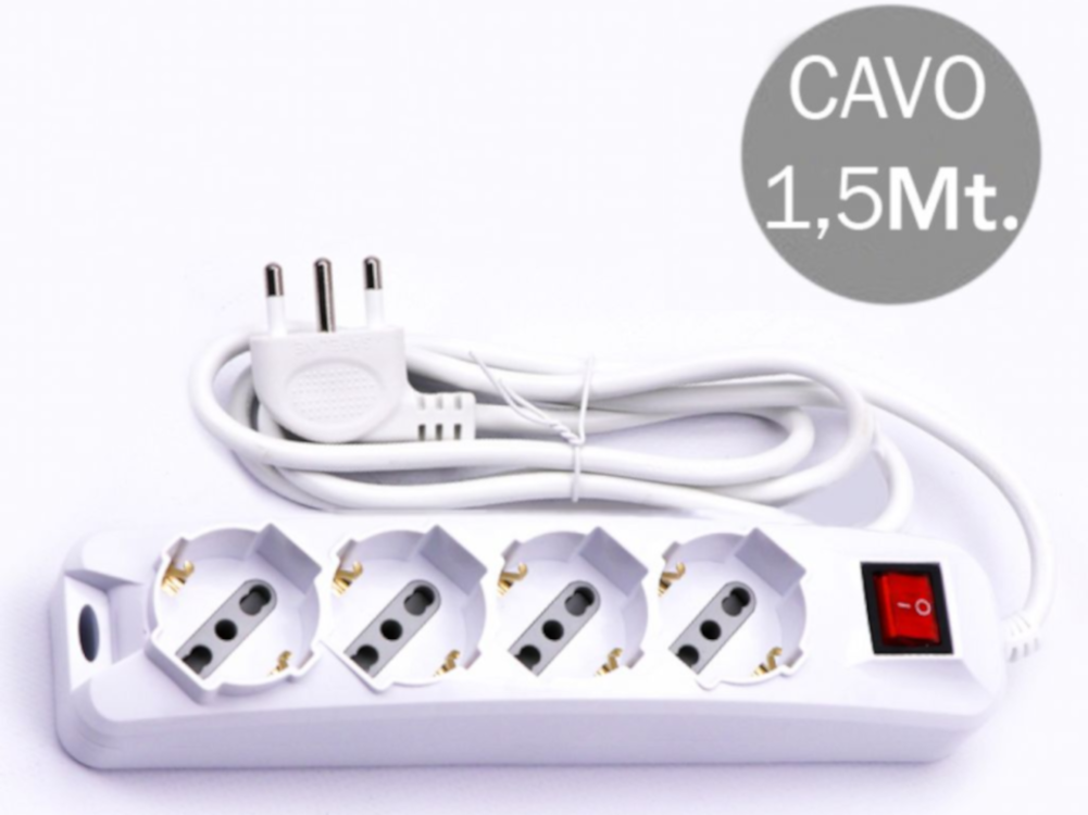 Multipresa con 4 Prese 10/16A 2P+T Bipasso / Schuko e Interruttore Generale Luminoso con Cavo 1.5m + Spina 16A 2P+T - Colore Bianco