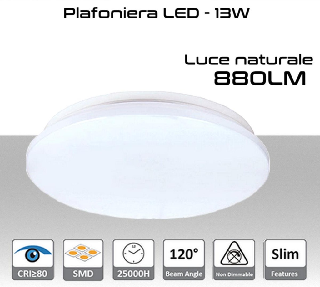 Plafoniera LED 13W luce naturale  880 lumen Ø260x55mm