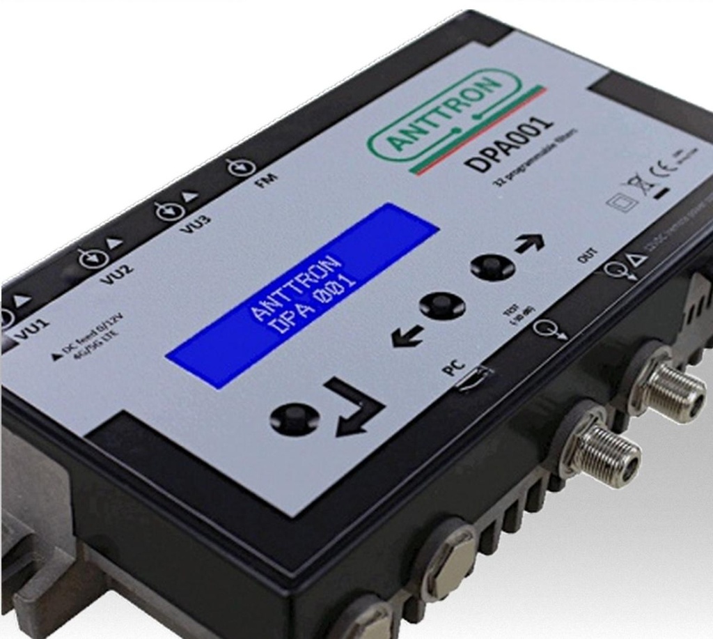 Amplificatore programmabile a filtri attivi, 4 ingressi 3x VHF/UHF, 1x FM, 32 cluster, >55dB/131dBμV - ANTTRON