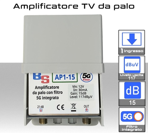 Amplificatore antenna TV da palo 1 ingresso 21:48 15dB con filtro antidisturbo LTE 4G + 5G  AP1-15